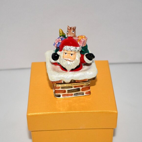Santa in Chimney Enamel Trinket Box, Hinged Jewelry Organizer MINI NIB - Picture 1 of 5